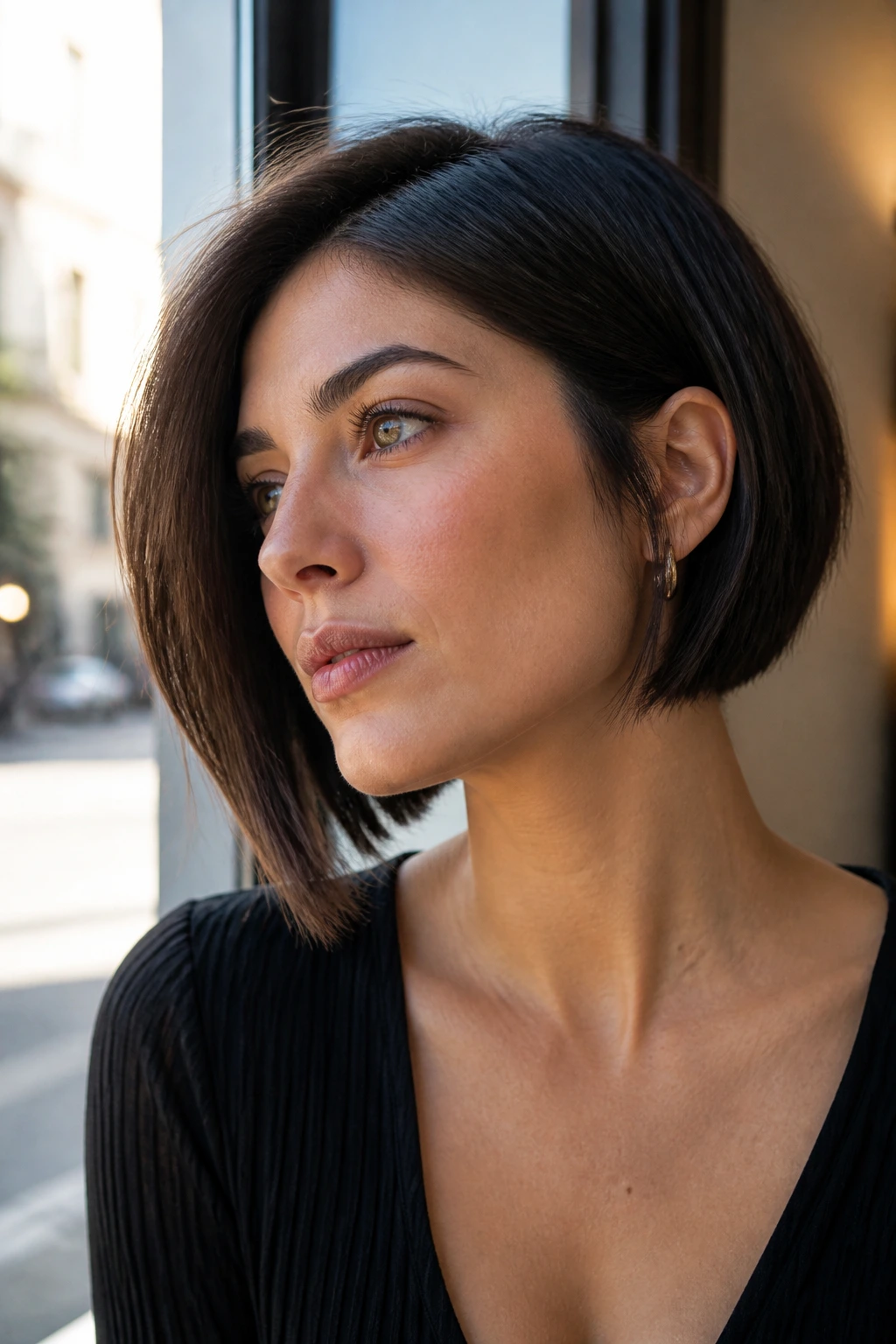 Close-up portrait of a real woman with a subtle asymmetrical bob in warm cafe light