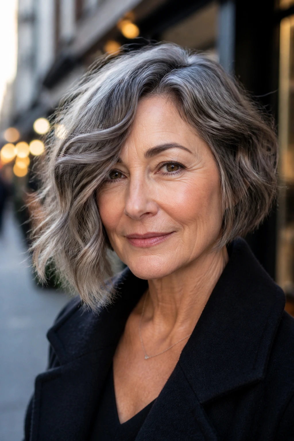 Portrait of a real woman with asymmetrical bob showing subtle length difference.
