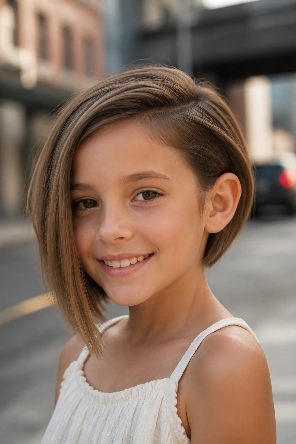 Close-up of a girl with asymmetrical bob tucked behind the ear
