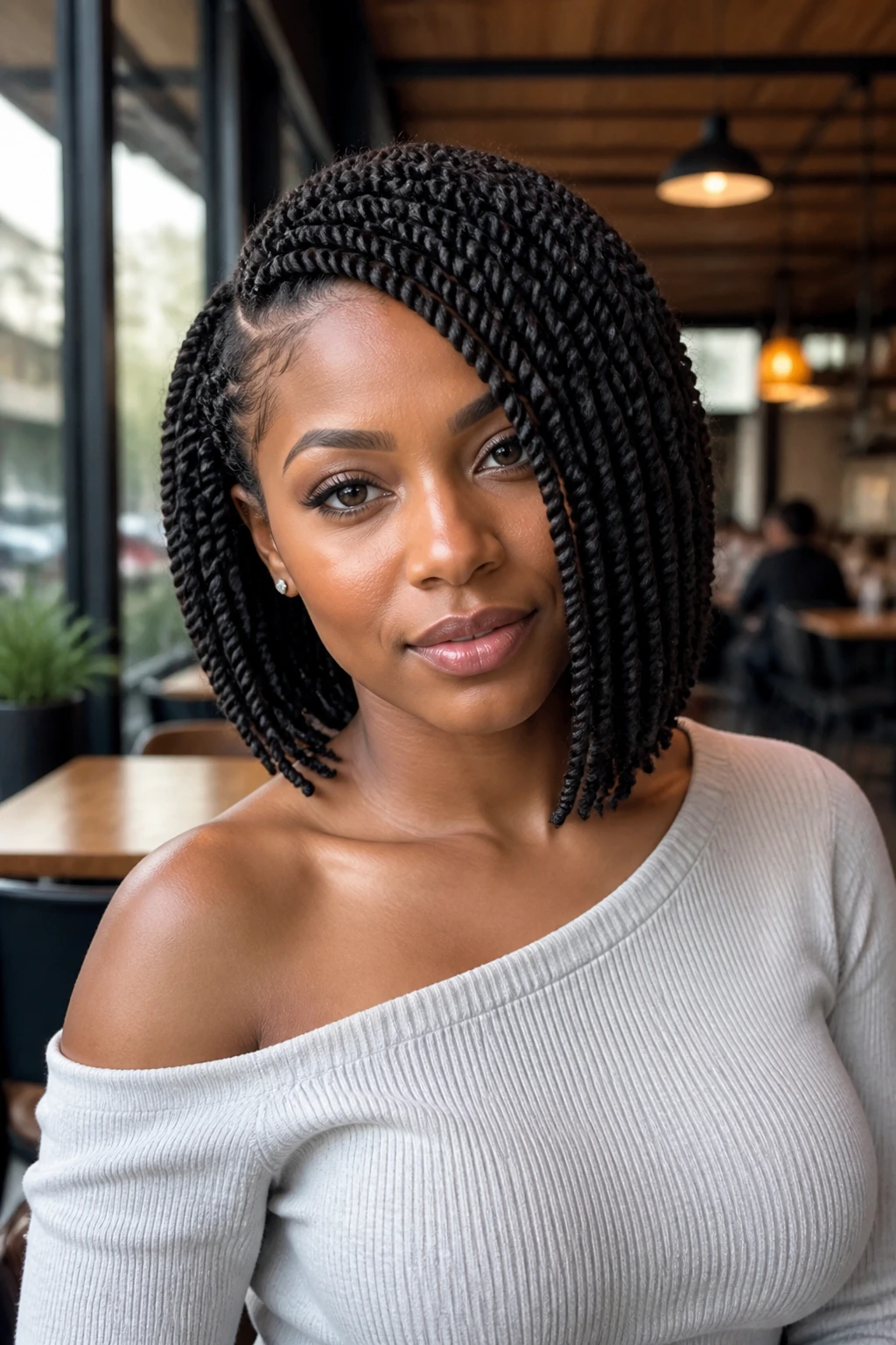 Close-up of a real woman with asymmetrical bob twists, one side longer