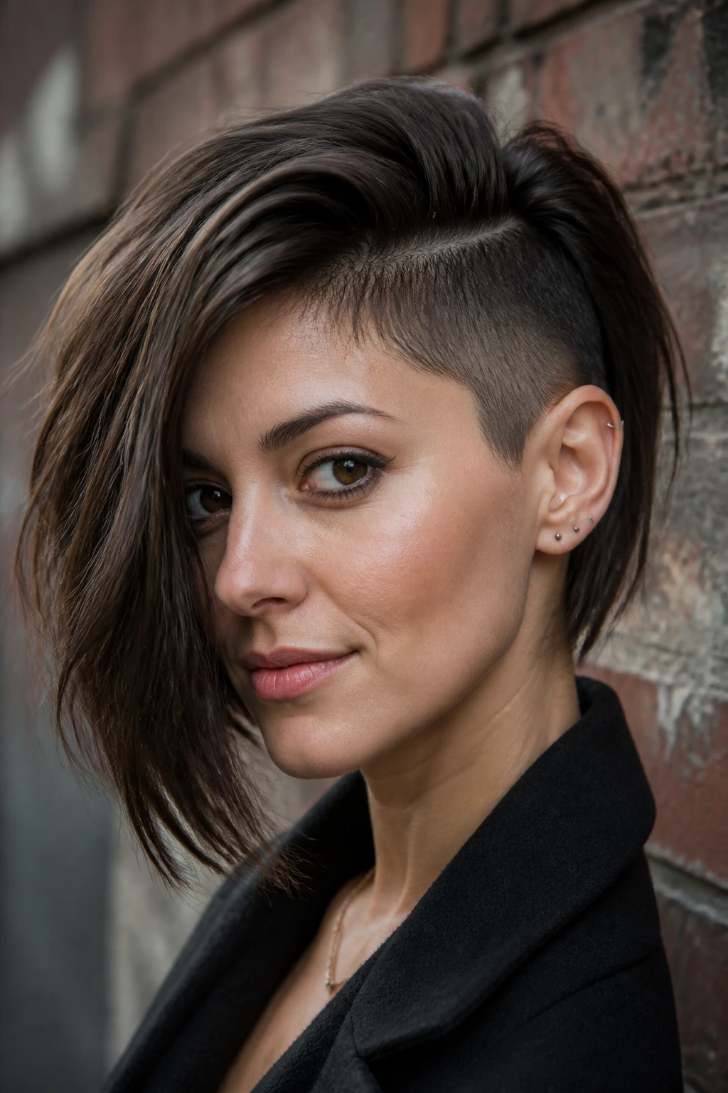 Close-up portrait of a woman with an asymmetrical bob undercut