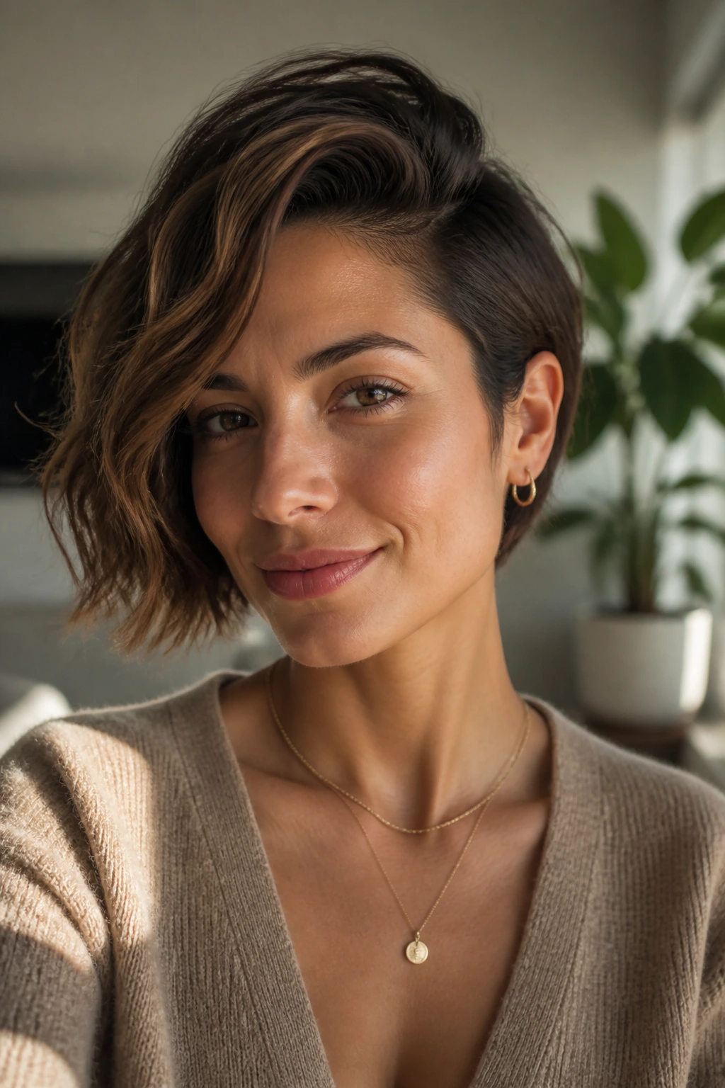 Woman with asymmetrical bob showing wave variation in a sunny living room.