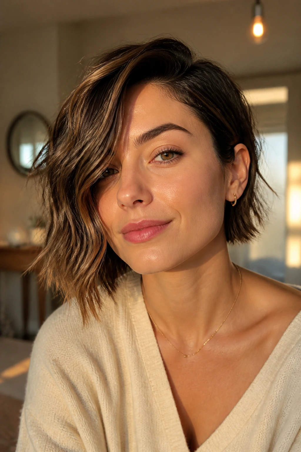 Close-up portrait showing various asymmetrical bob variations with texture and angle