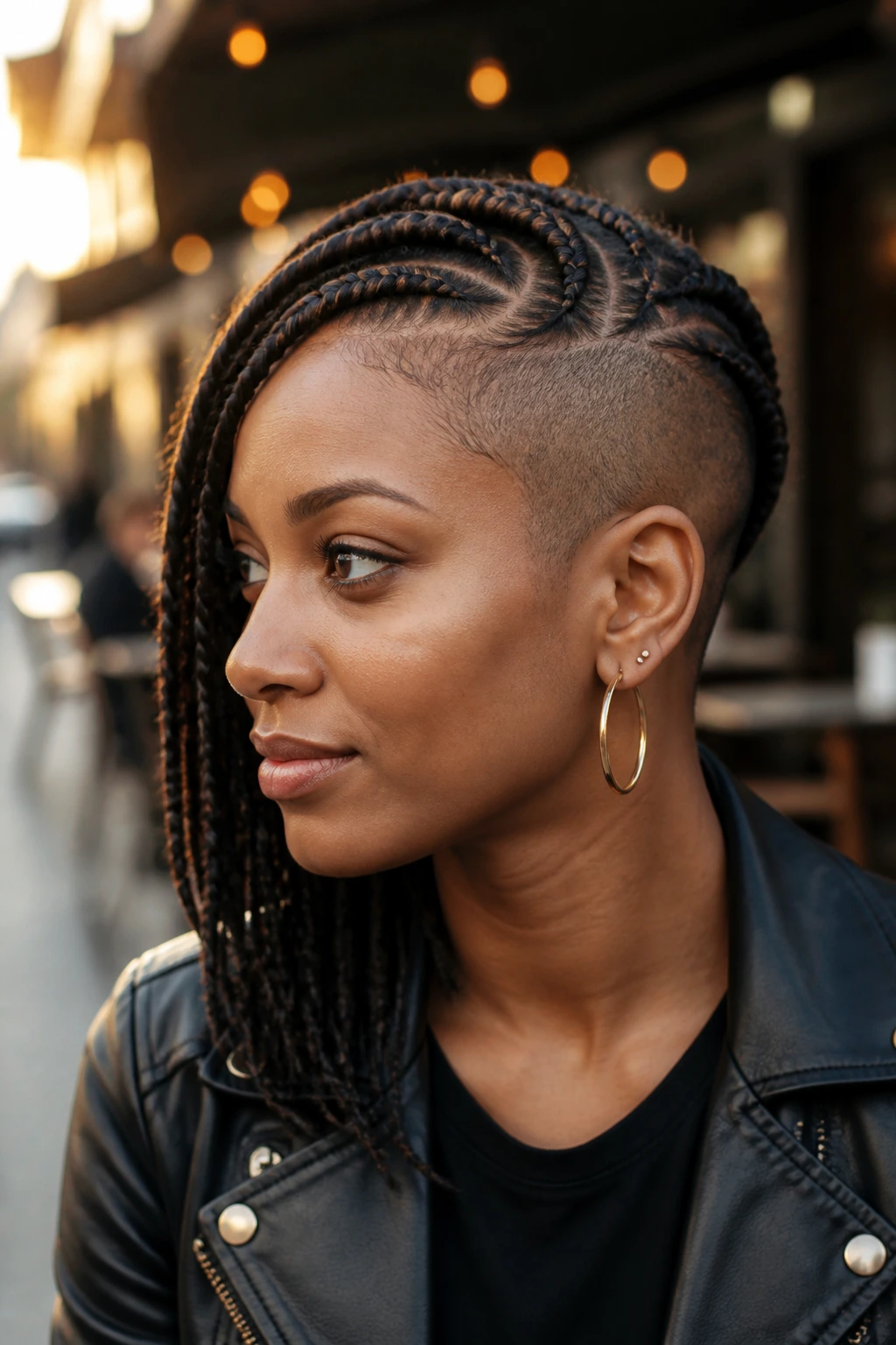 Close-up portrait of asymmetrical braids with one shaved side on a real person