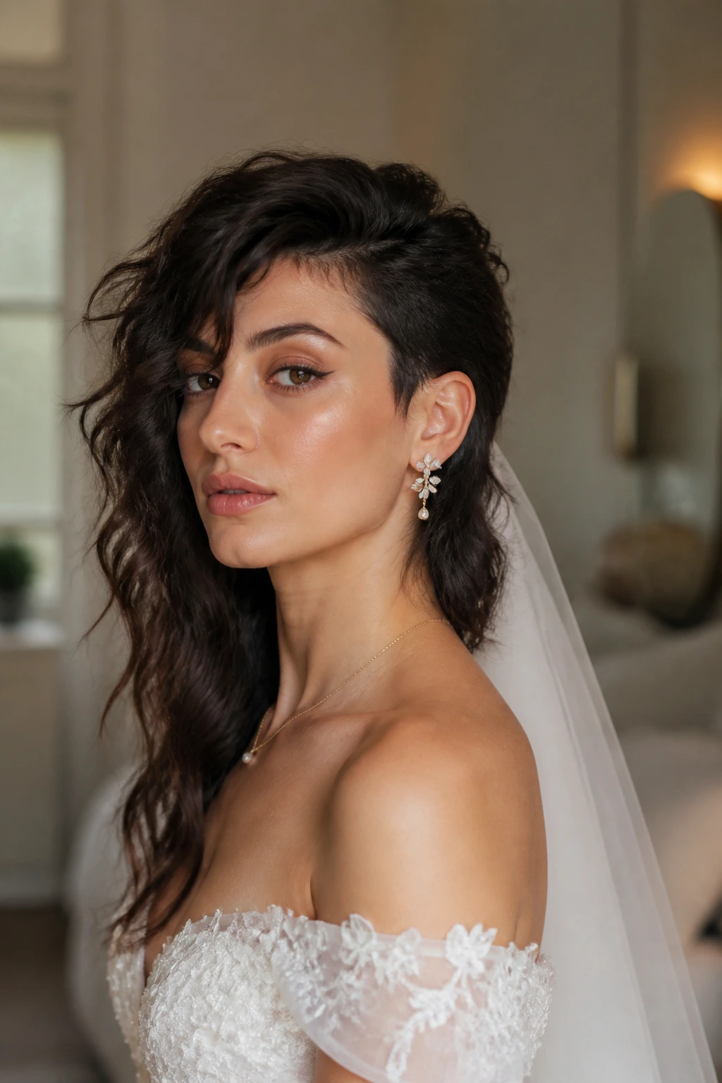 Bride with asymmetrical bridal mullet and bold wave.