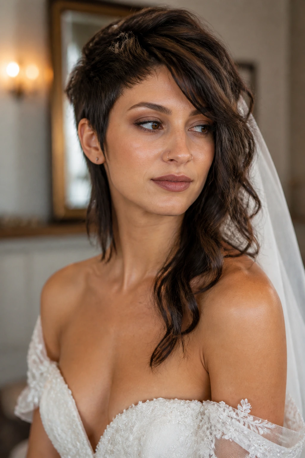 Bride with asymmetrical bridal mullet, one side shorter, other longer.