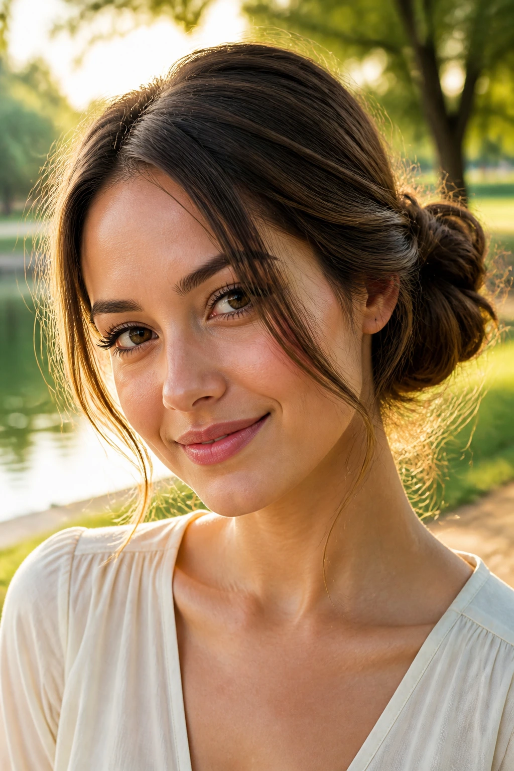 Close-up of a real woman with an off-center bun