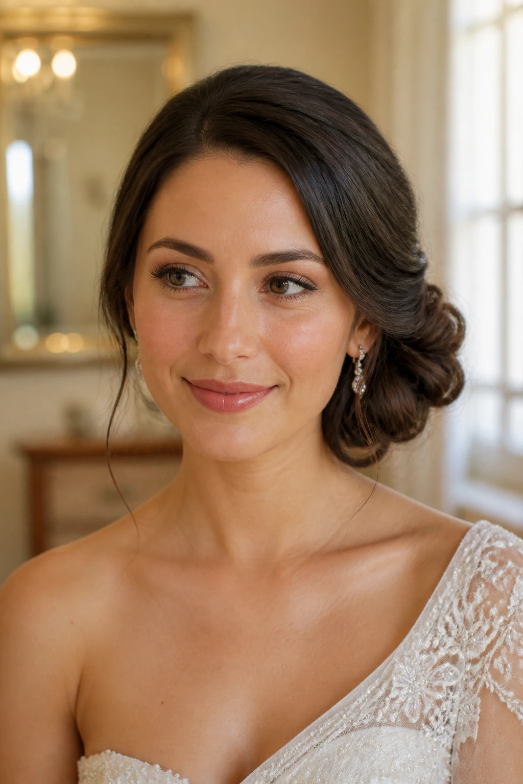 Close-up of a bride showing an off-center asymmetrical side bun in a softly lit dressing room
