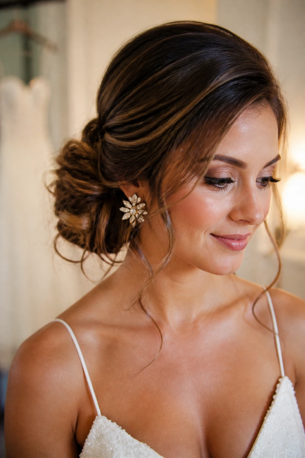 Close-up of a real bride with a side-swept asymmetrical bun.
