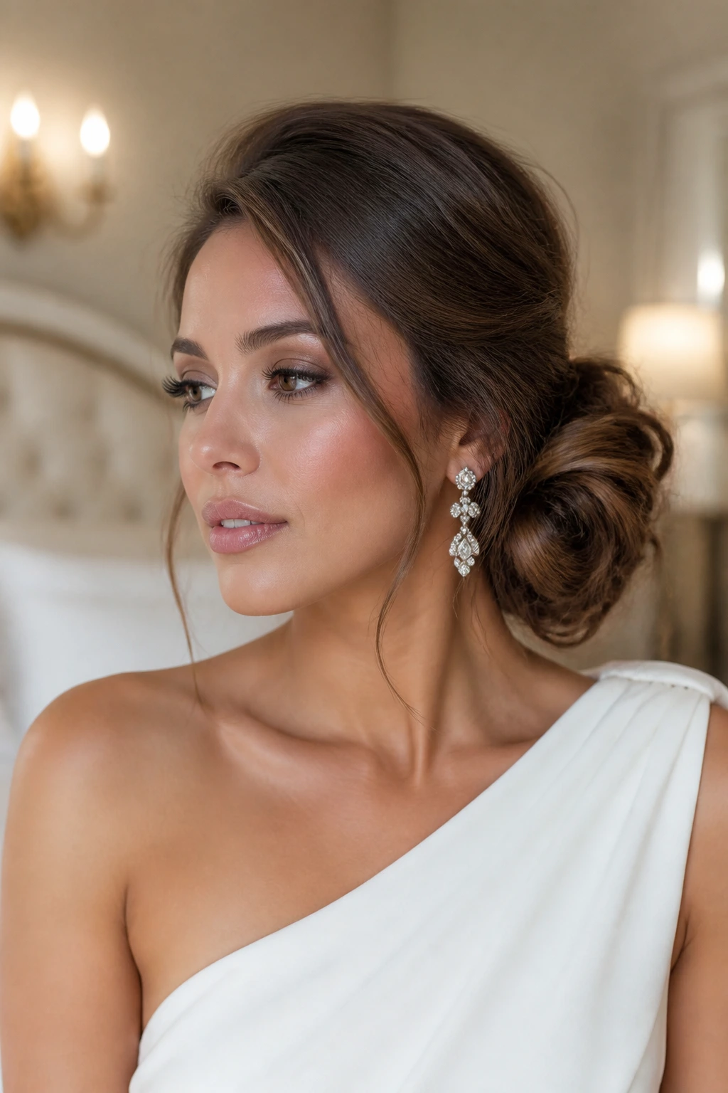 Real bride with asymmetrical side knot bun in bridal suite lighting