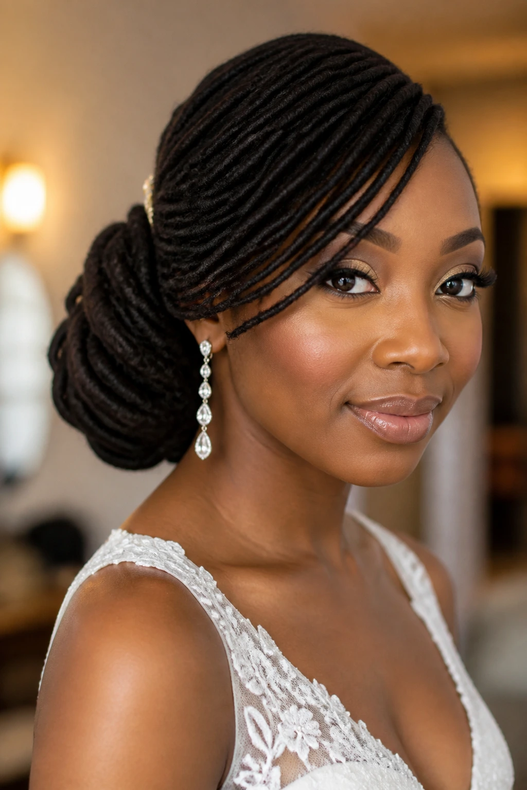 Close-up of real bride with an asymmetrical bun and side bangs, three-quarter view