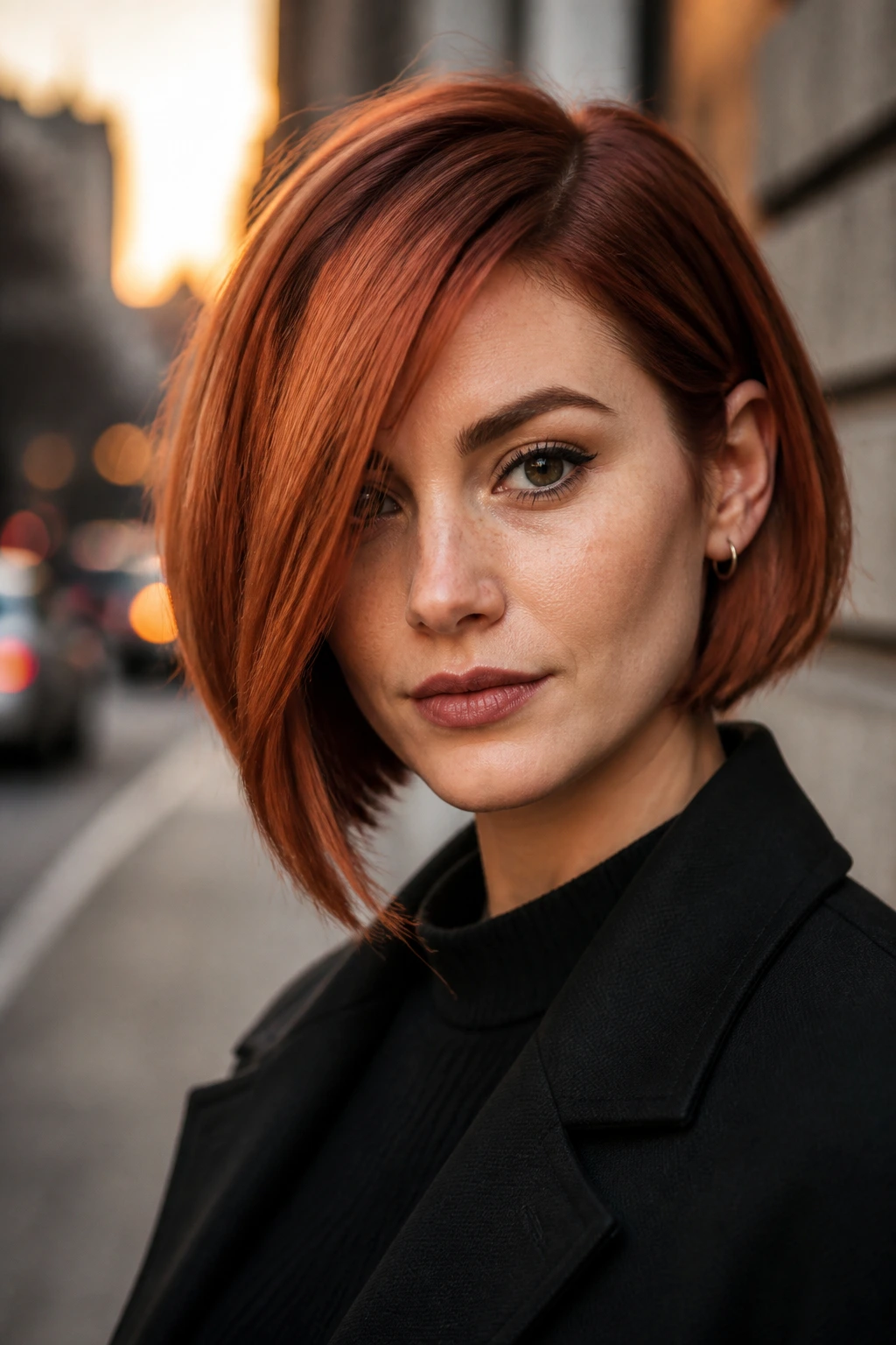 Close-up of a real woman with an asymmetrical burnt copper bob highlighted by warm street light