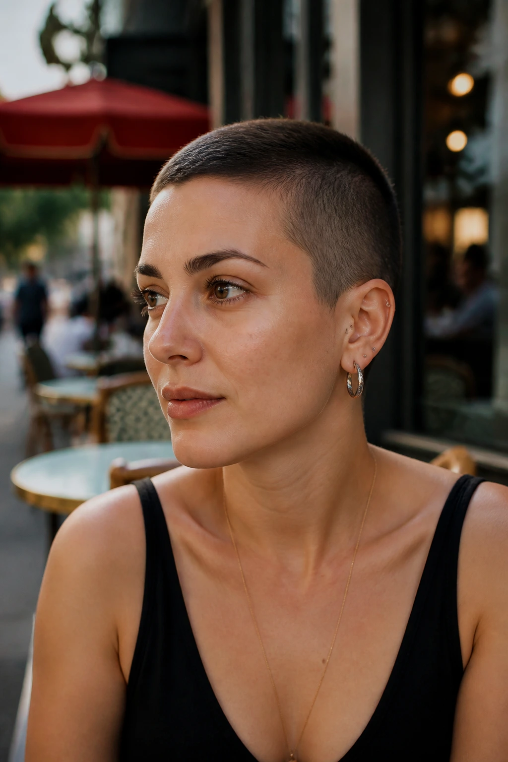 Close-up portrait of a woman with an asymmetrical buzz cut showing a subtle off-center balance