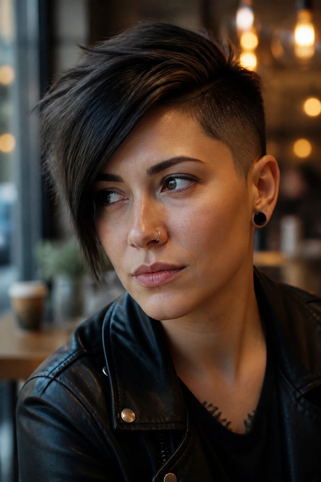 Close-up portrait of a real person with an asymmetrical Chelsea cut and diagonal fringe in a warm cafe setting