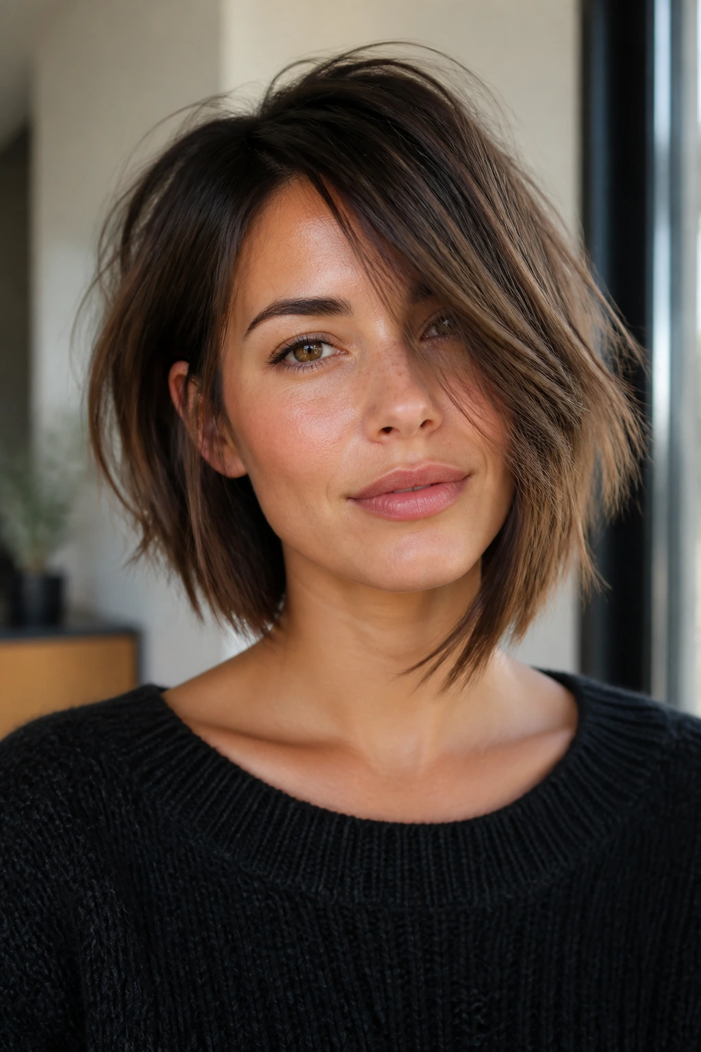 Real woman with subtle asymmetrical choppy bob