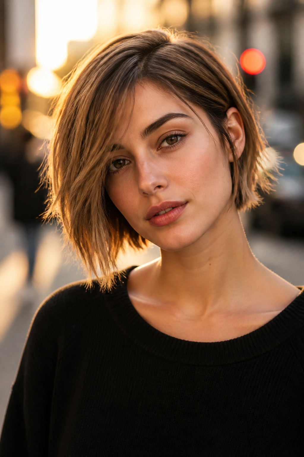 Real person with asymmetrical choppy bob on an urban street at golden hour.