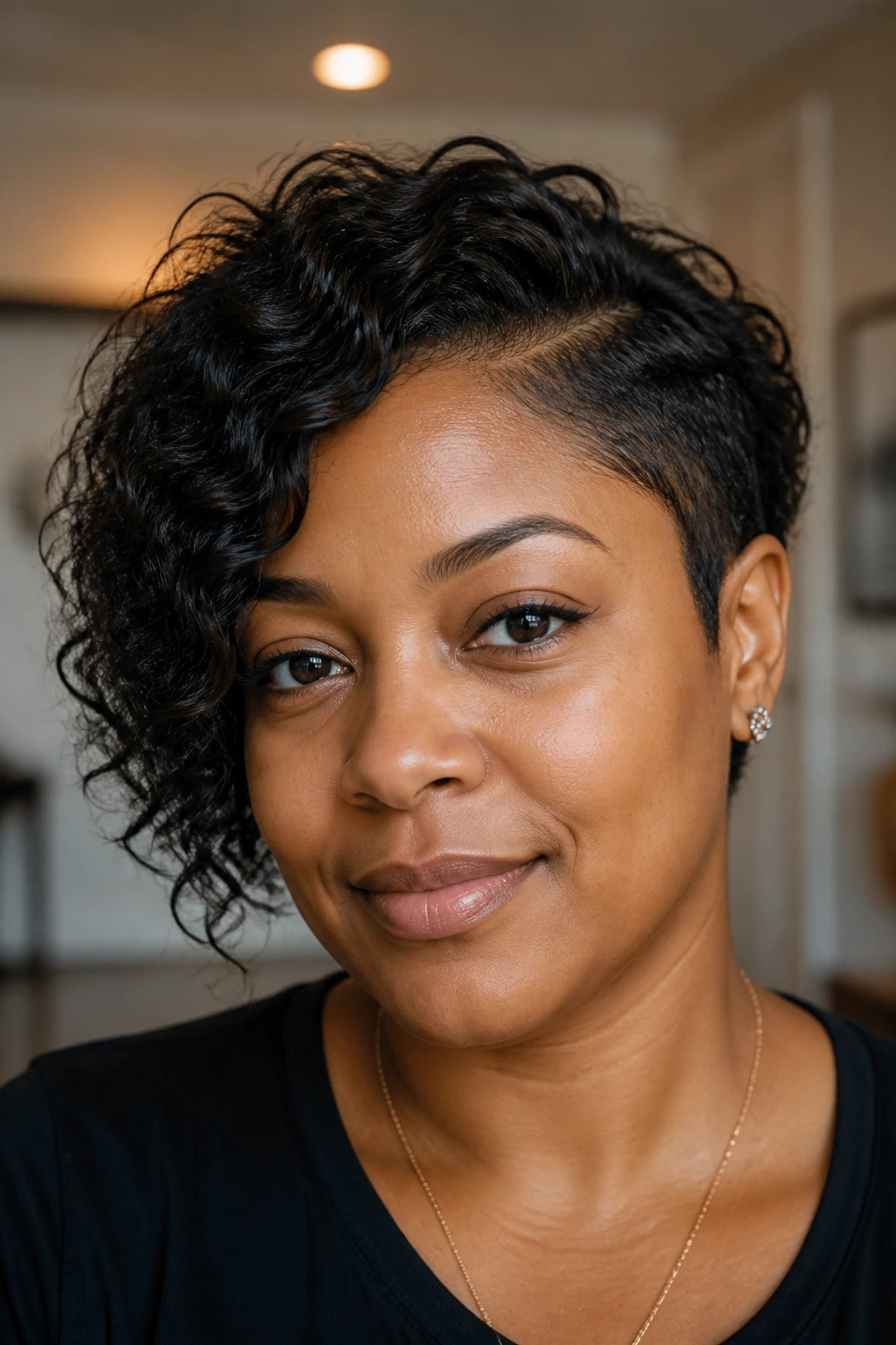 Close-up portrait of real woman with side-swept asymmetrical crop.