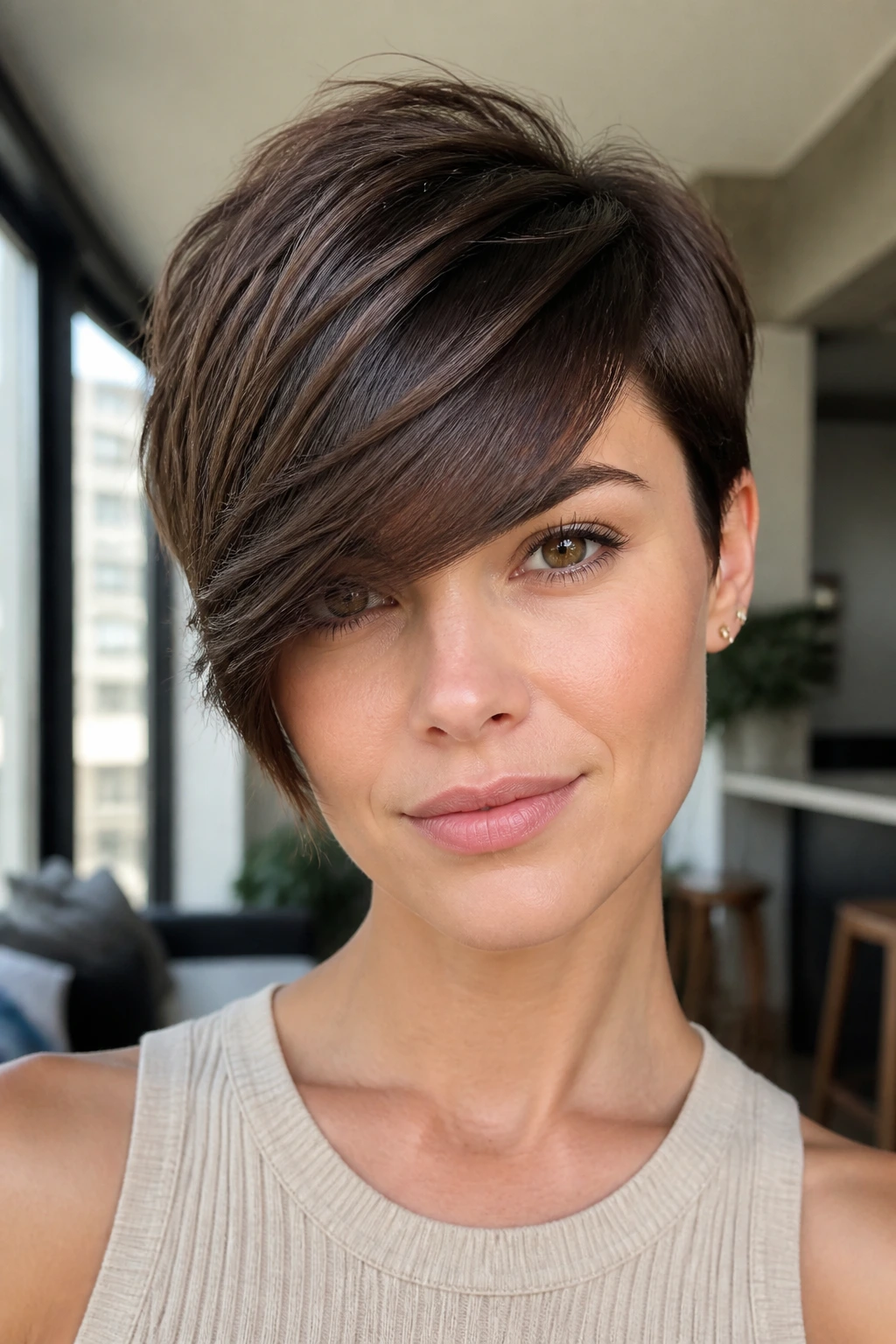 Close-up portrait of a real woman with an asymmetrical crop and deep side bangs