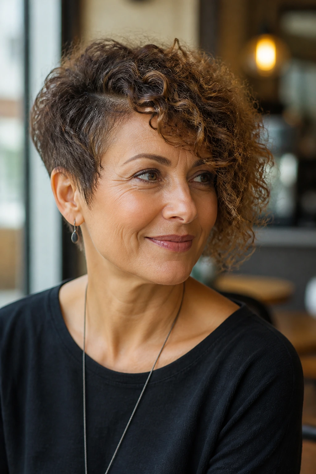 Portrait of a real woman with an asymmetrical crop showing a longer side in a cafe setting