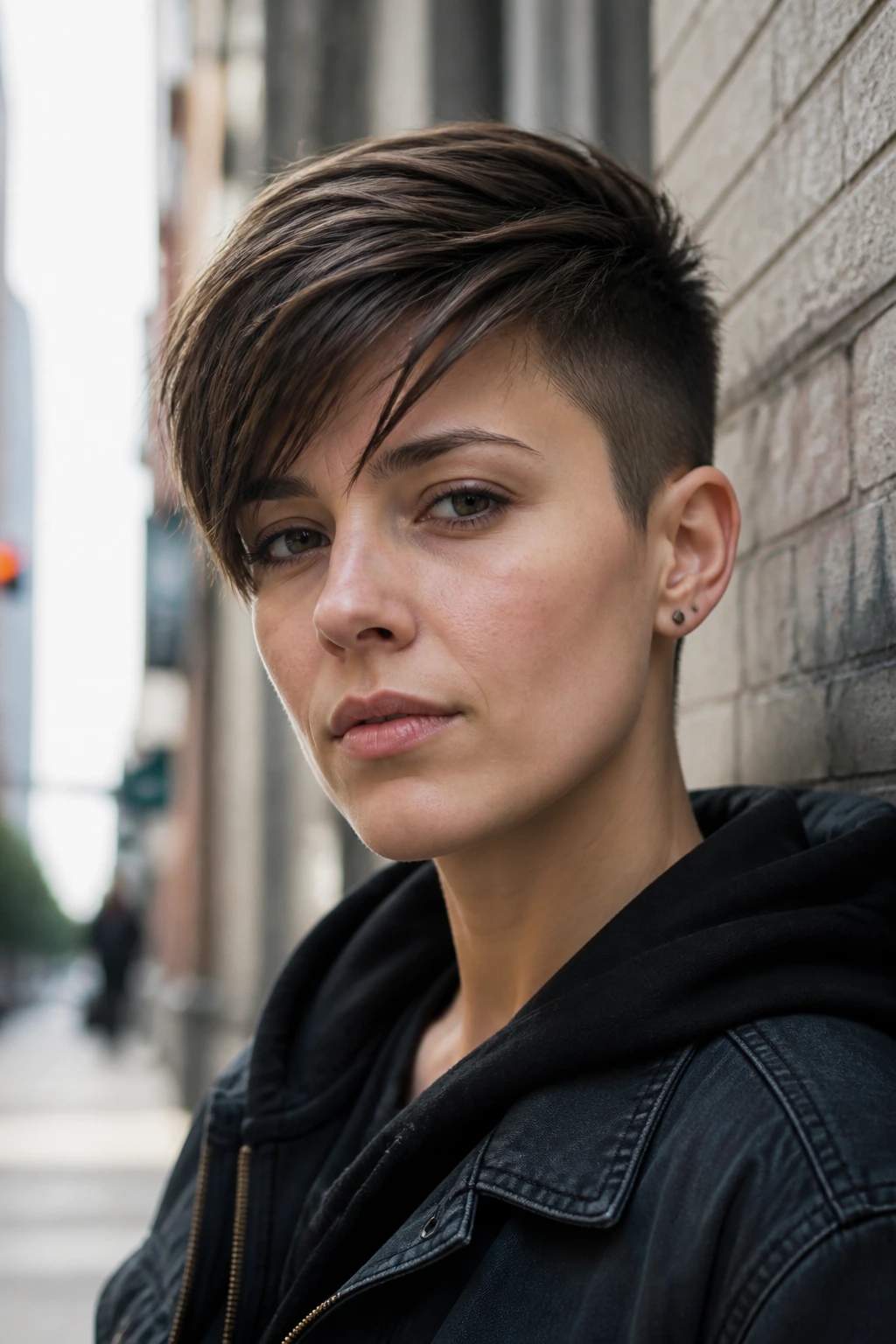 Close-up portrait of a real person with subtle asymmetrical crop hairstyle.