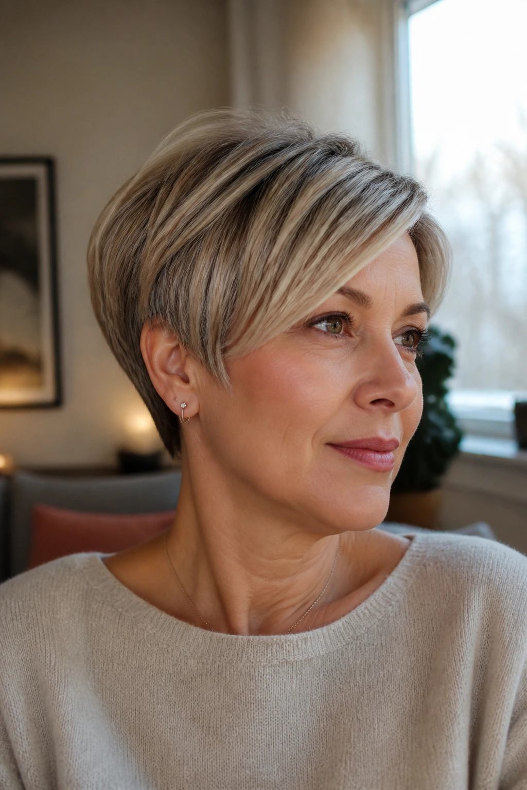 Close-up portrait of a real woman with an asymmetrical crop hairstyle