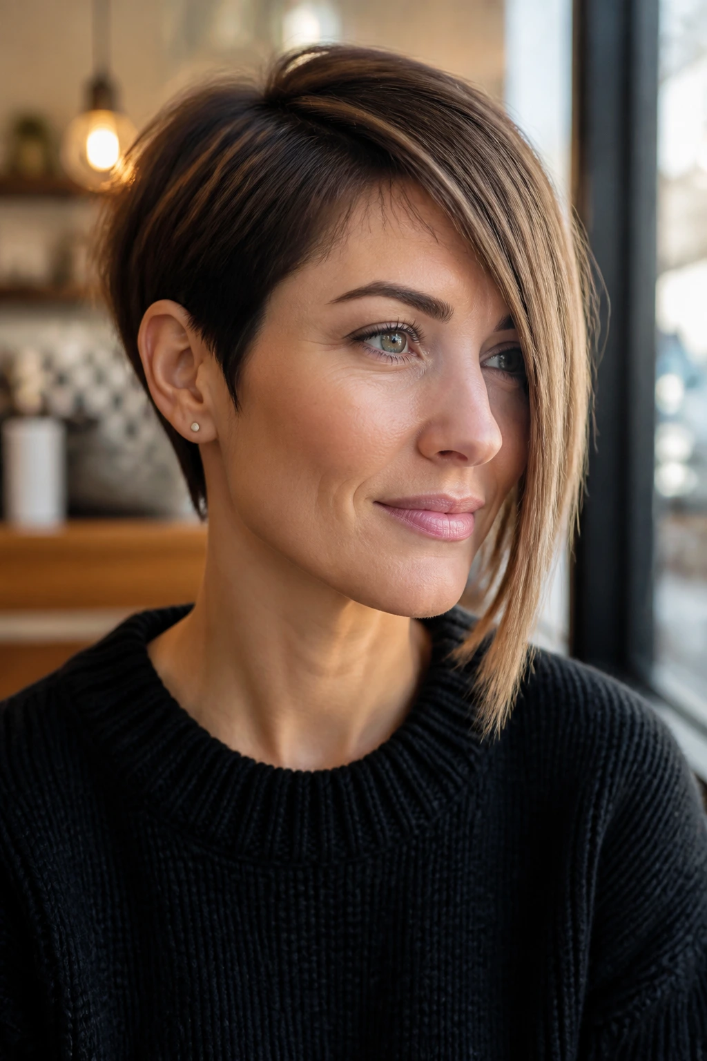 Close-up portrait of a woman with an asymmetrical crop hairstyle in a cafe scene