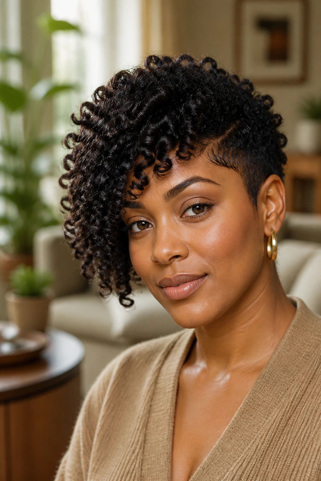 Close-up of a real woman with an asymmetrical curl crop in natural light