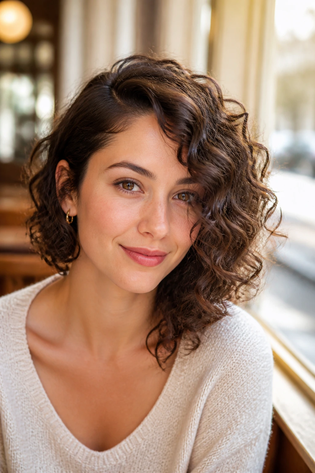 Close-up portrait of a real woman with a deep side part and asymmetrical curls