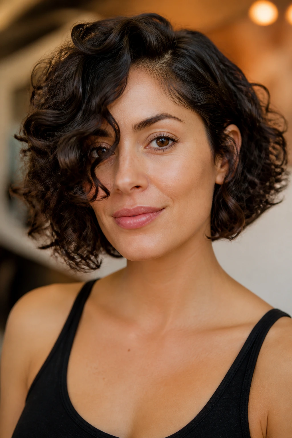 Real woman with modest asymmetrical curly bob, one side longer.