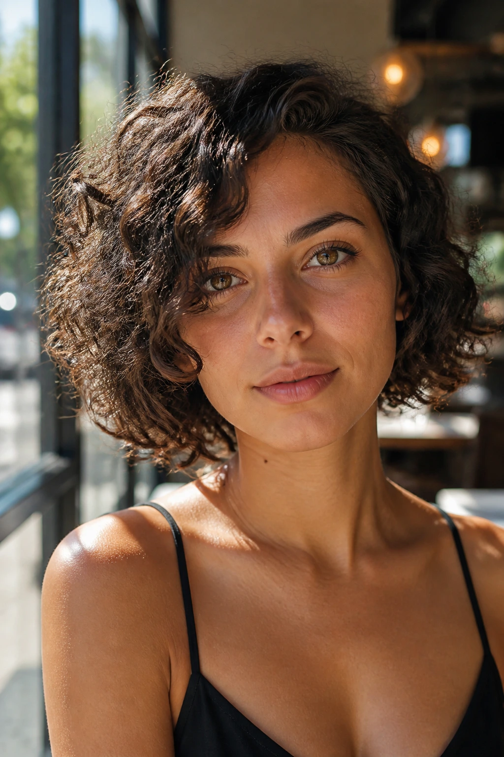 Real woman with asymmetrical curly bob in a sunlit cafe setting