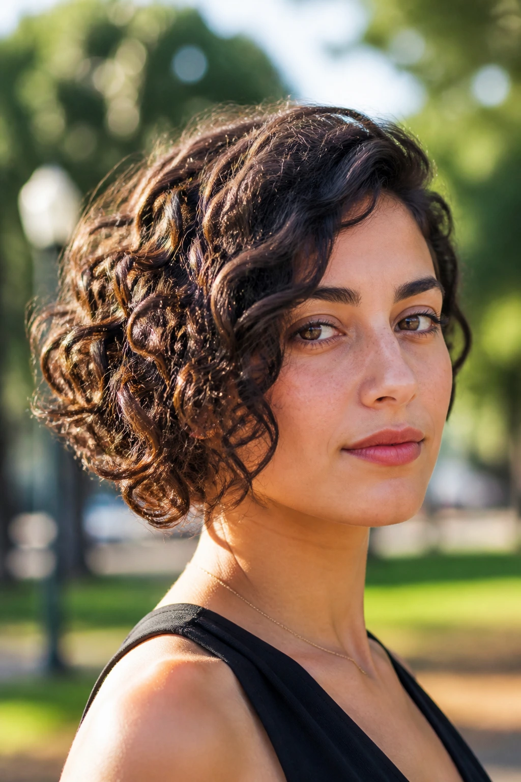 Close-up of real woman with asymmetrical curly bob outdoors in soft daylight