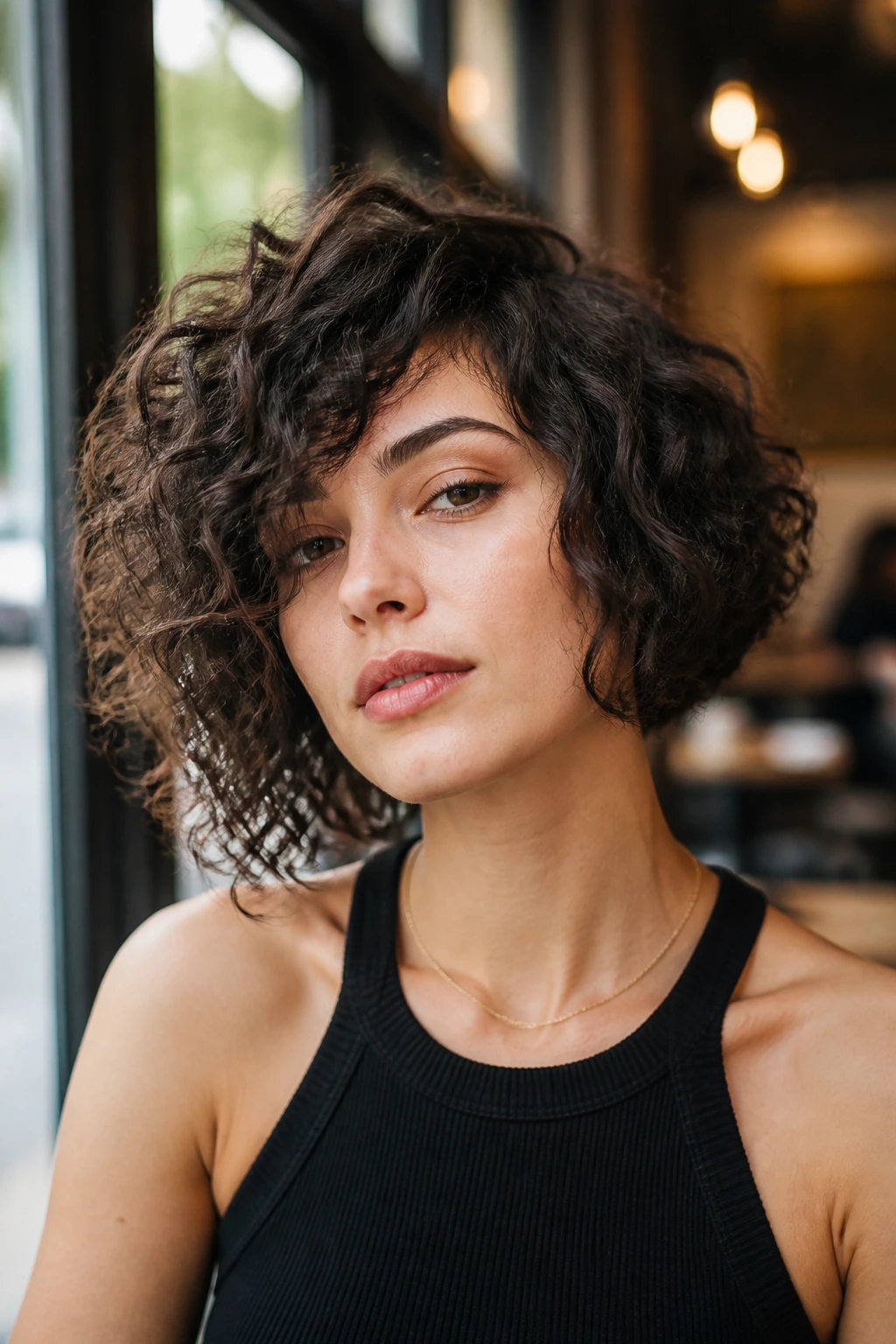 Portrait of a real person with an asymmetrical curly bob showing a slight longer side