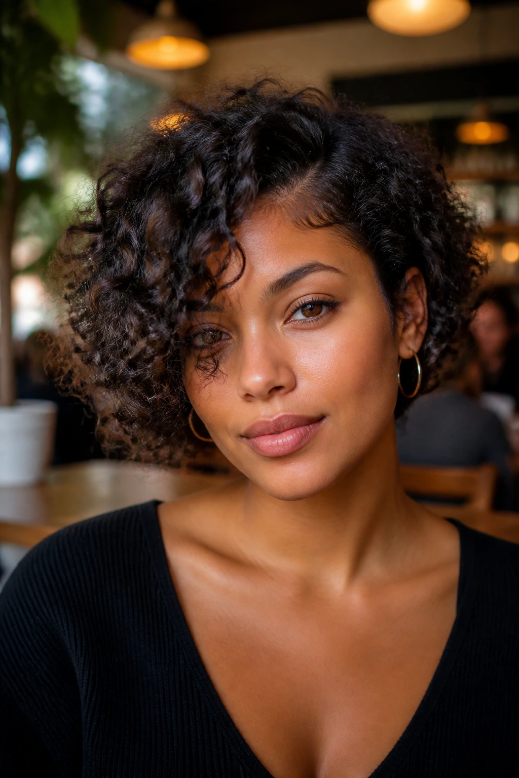 Real person showcases an asymmetrical curly bob with a longer side.