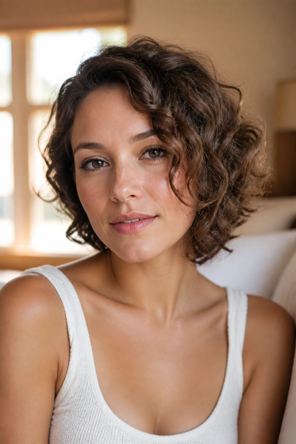 Close-up of a woman with a soft asymmetrical curly bob.