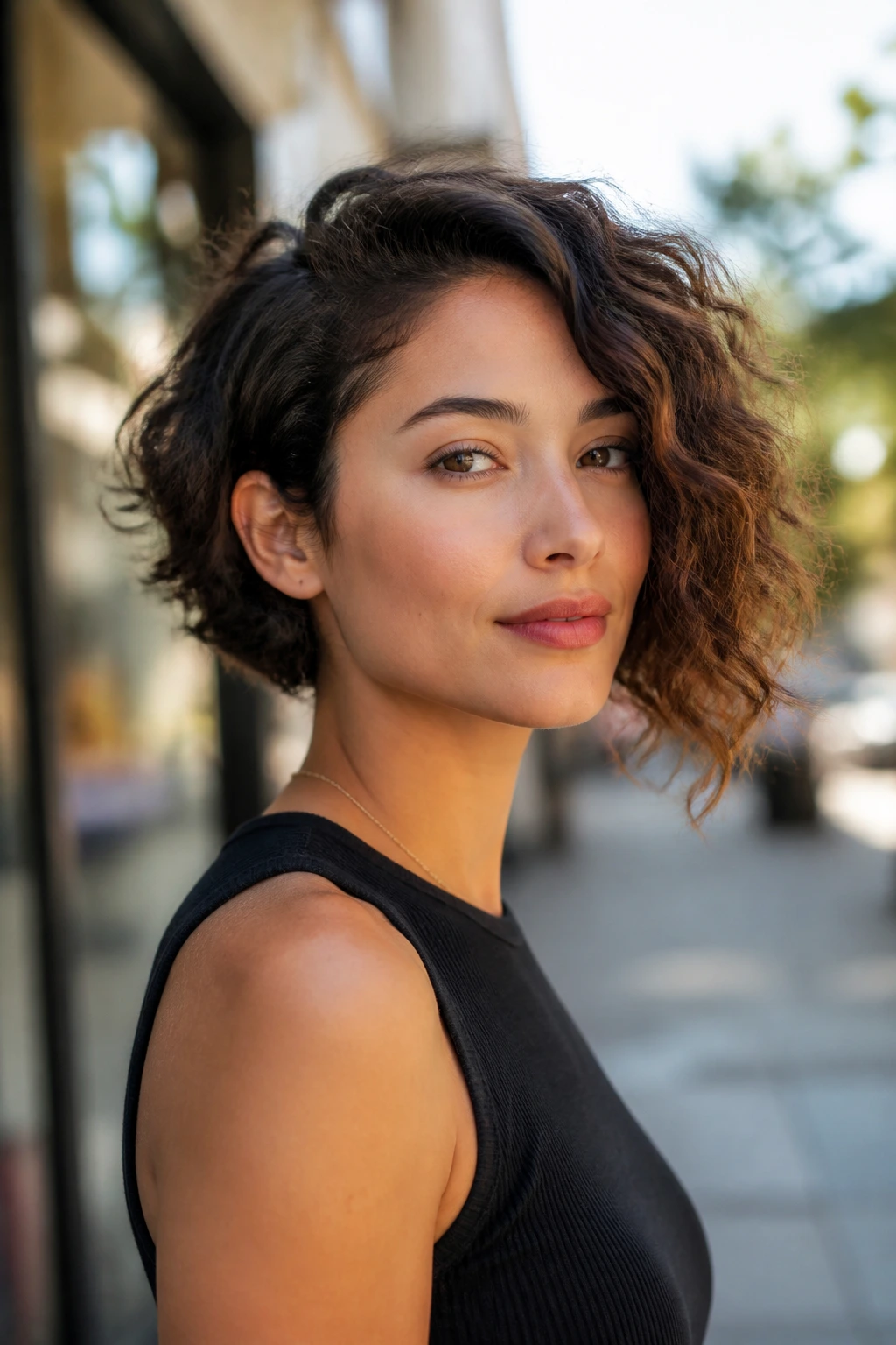 Close-up of a real person wearing an asymmetrical curly bob