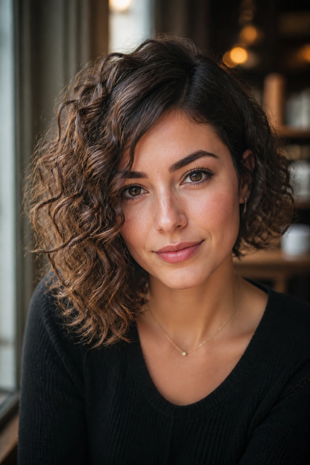 Close-up of a real woman with an asymmetrical curly bob and side part