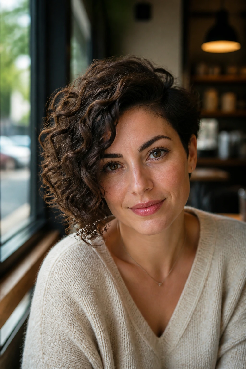 Close-up portrait of a real woman with an asymmetrical curly bob and deep side sweep