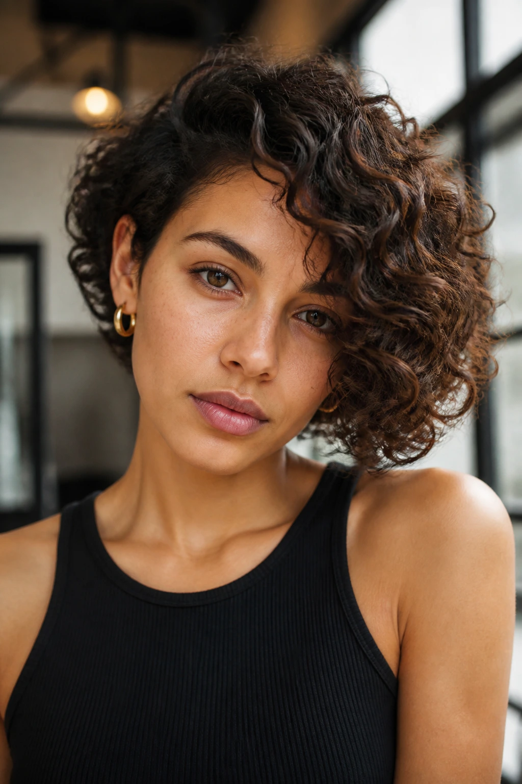 Close-up of asymmetrical curly bob on a real person