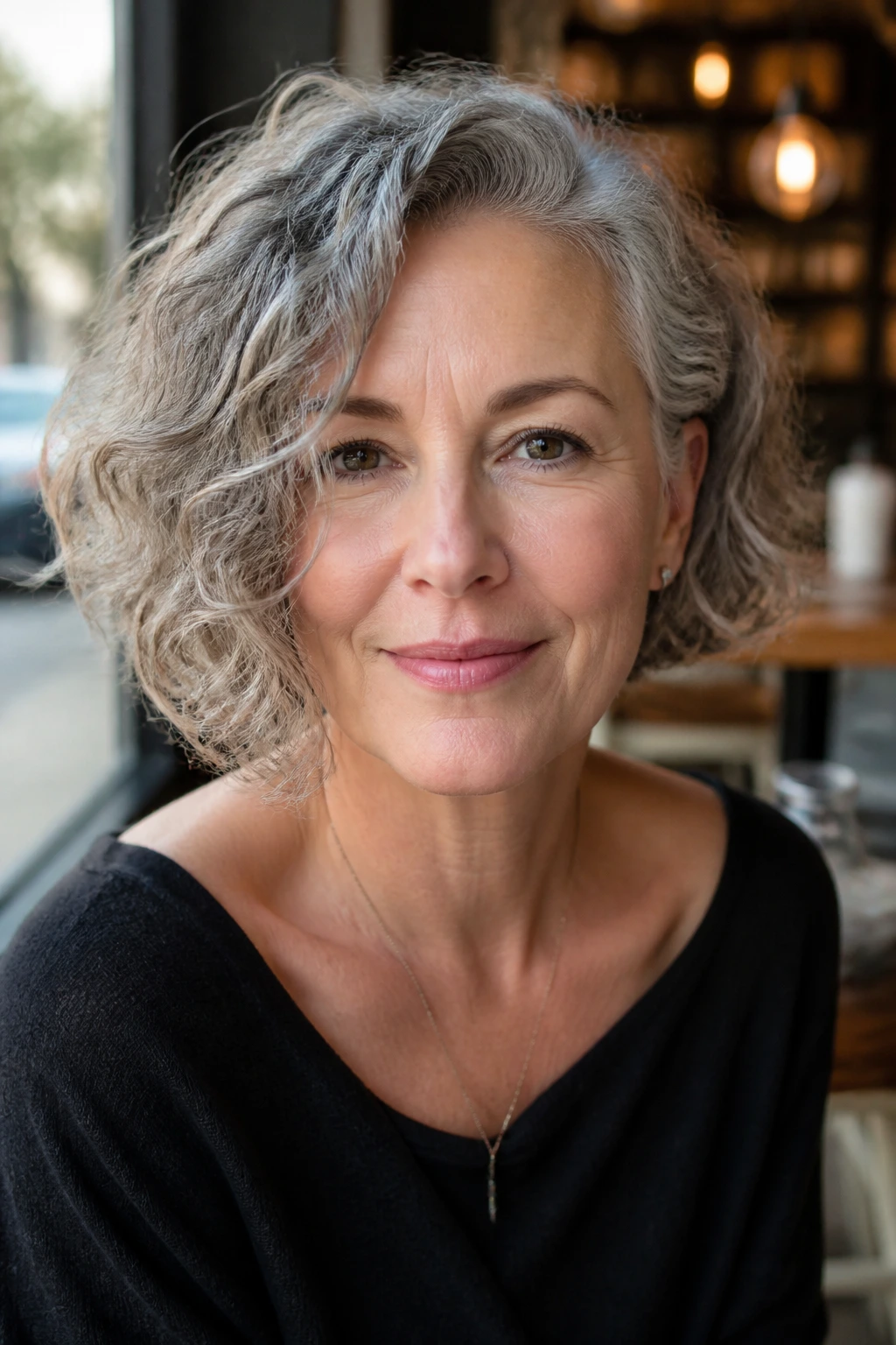 Close-up portrait of a real woman with an asymmetrical curly bob