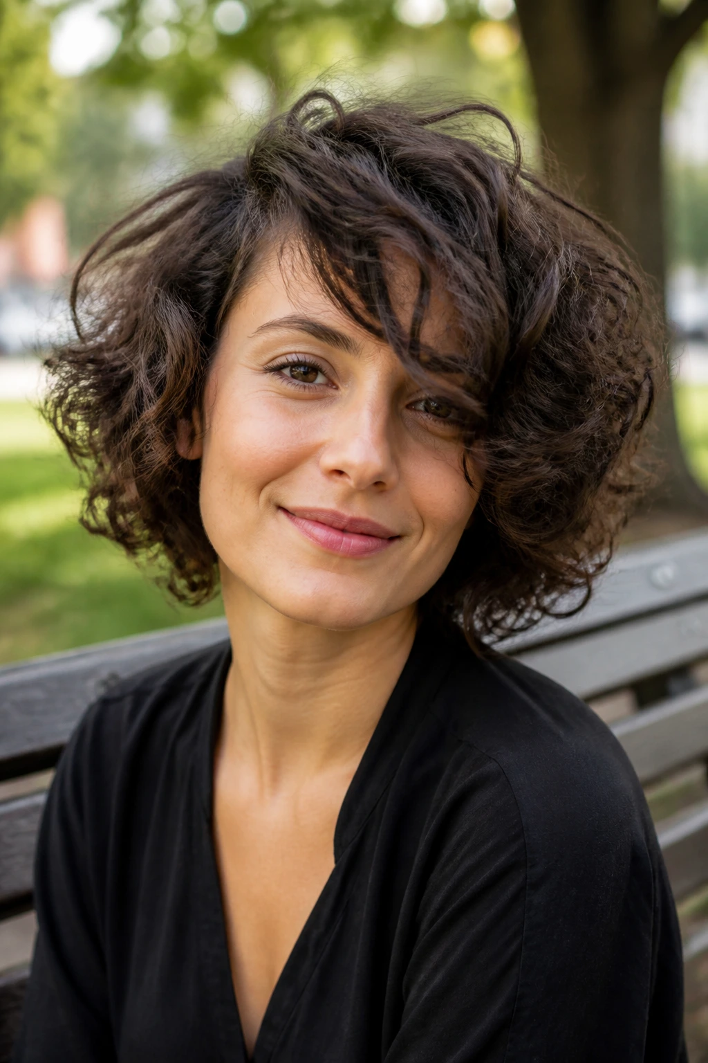 Portrait of a woman with asymmetrical curly bob and long side bangs.