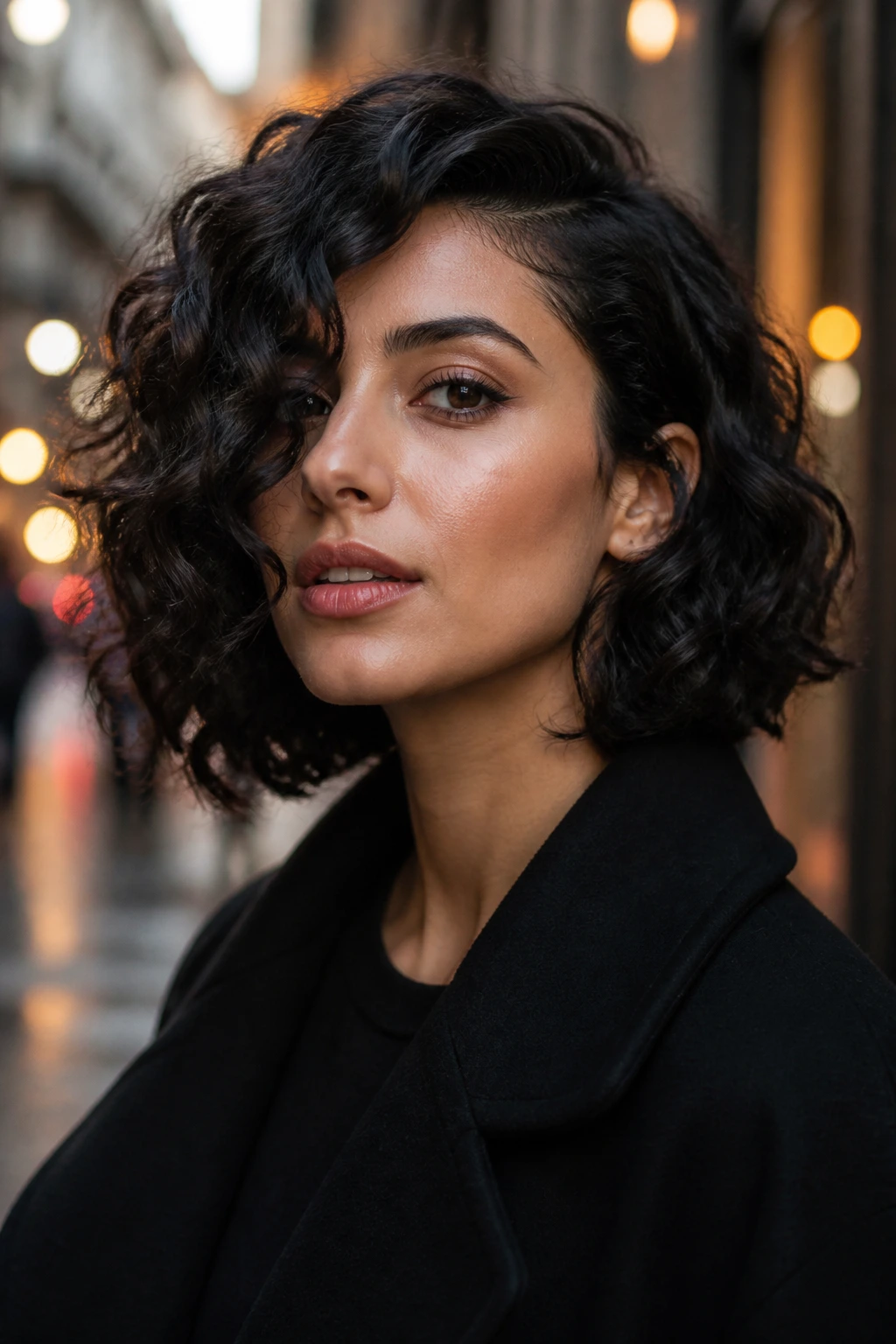 Close-up portrait of a real woman with an asymmetrical curly bob and side-parted hair.