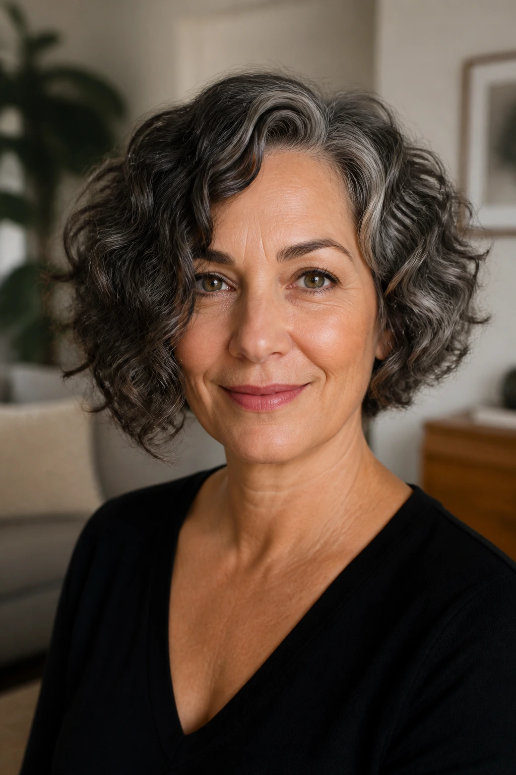 Close-up portrait of a real woman with an asymmetrical curly bob, subtle longer side, warm natural light