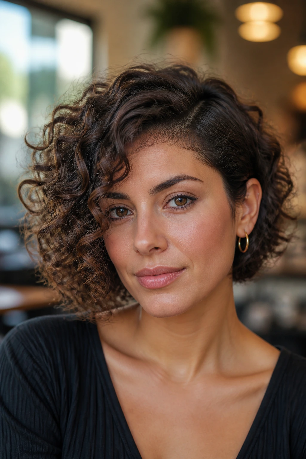 Close-up portrait of a real woman with an asymmetrical curly bob and defined curls