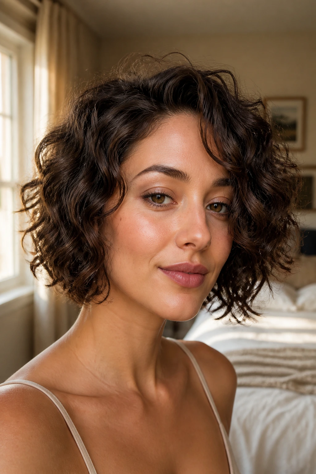 Close-up of a real woman with an asymmetrical curly bob, one side longer