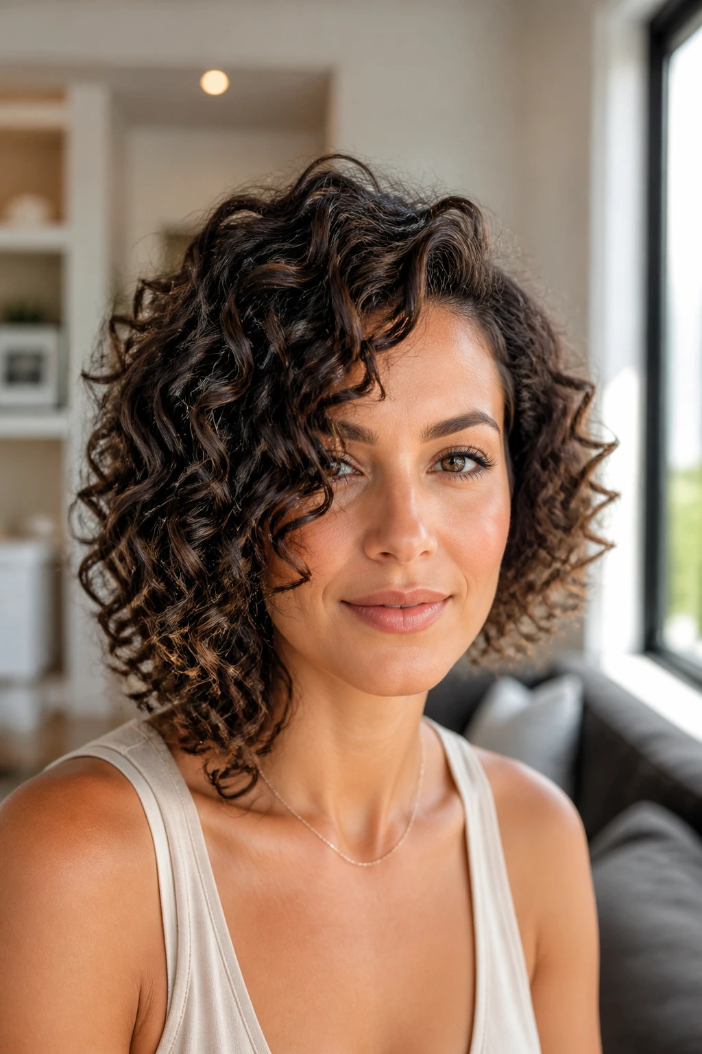 Close-up of a real woman with an asymmetrical curly bob in a sunlit living room