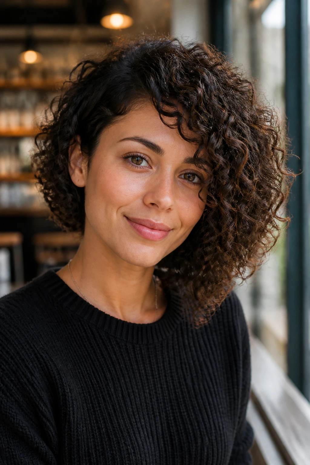 Real person wearing an asymmetrical curly bob breaking the circular face shape
