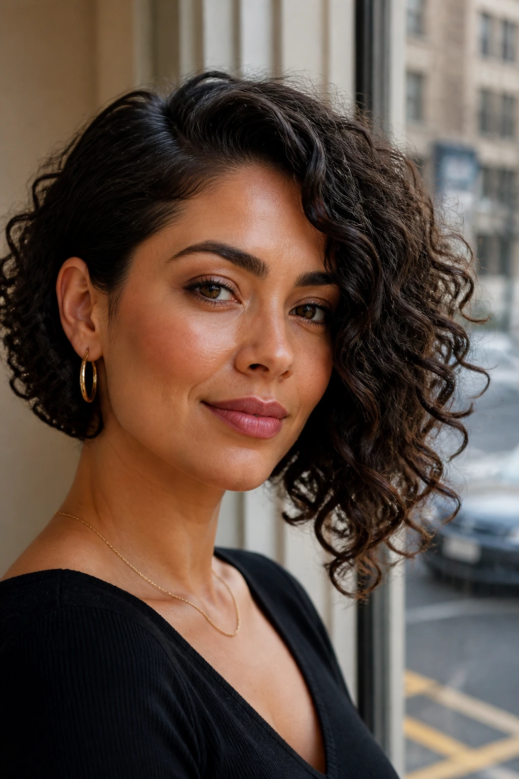 Close-up portrait of a real woman with an asymmetrical curly bob and longer side