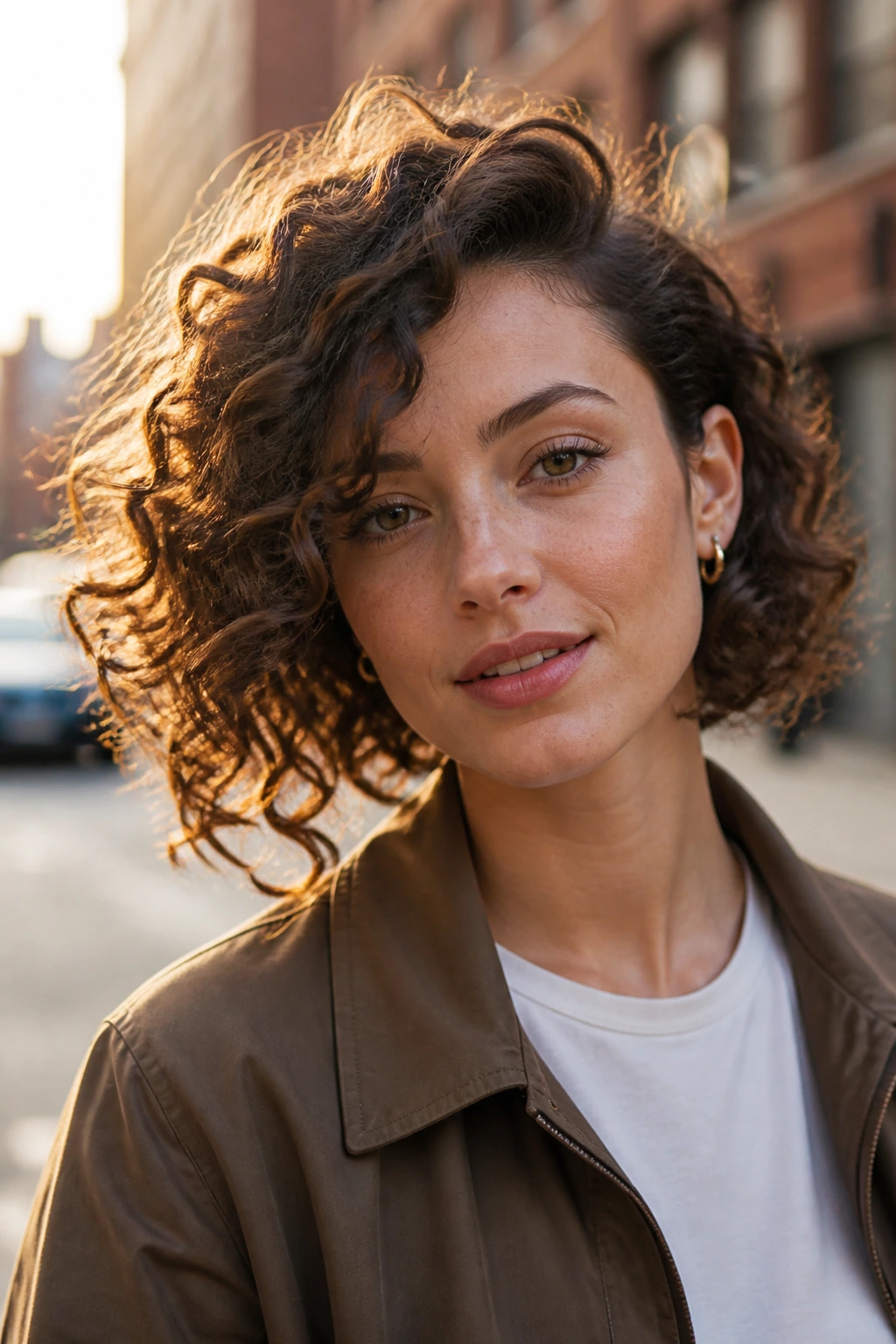 Real woman with asymmetrical curly bob featuring one longer side and defined curls.