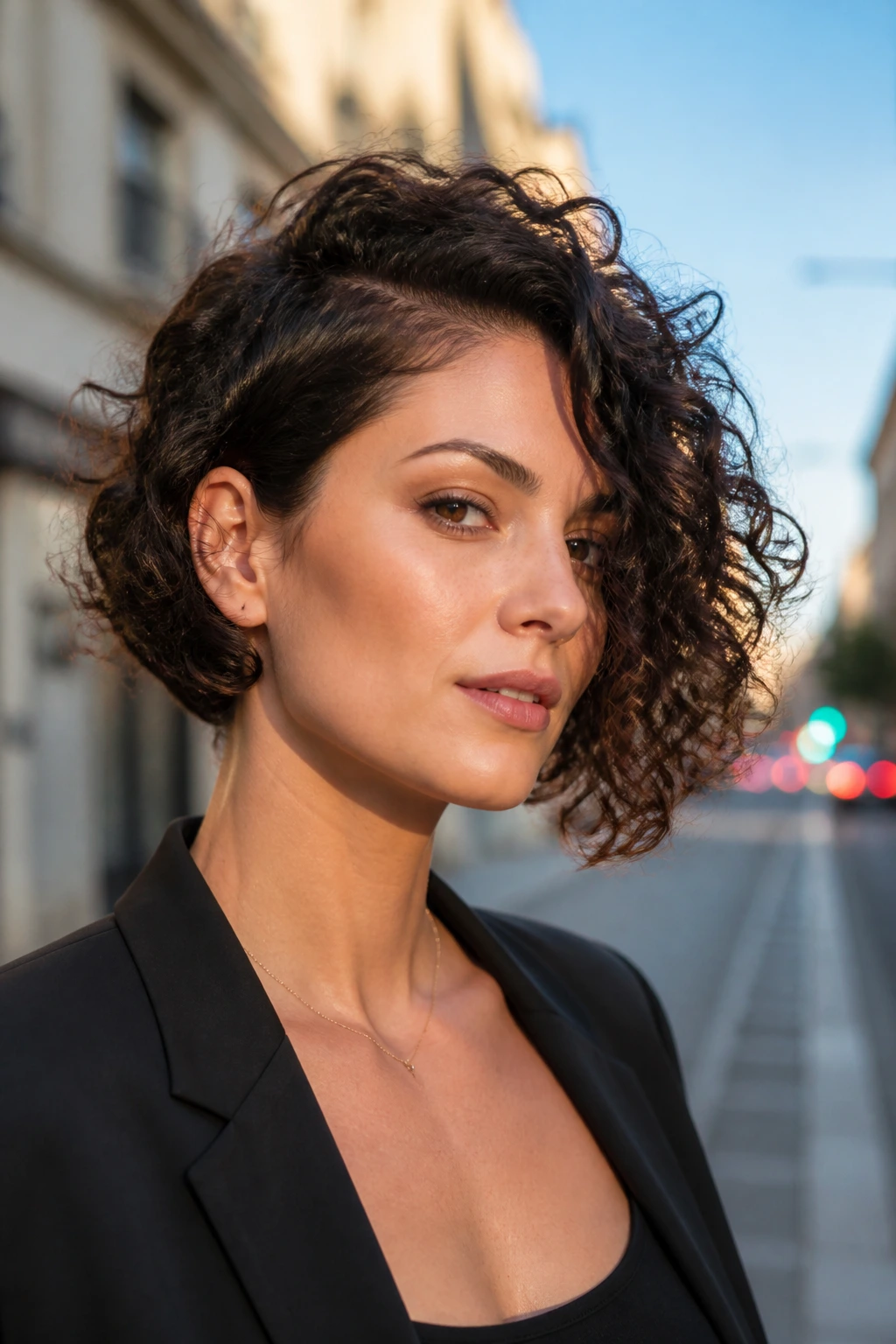 Close-up portrait of a real woman with asymmetrical curly bob and longer side near the ear