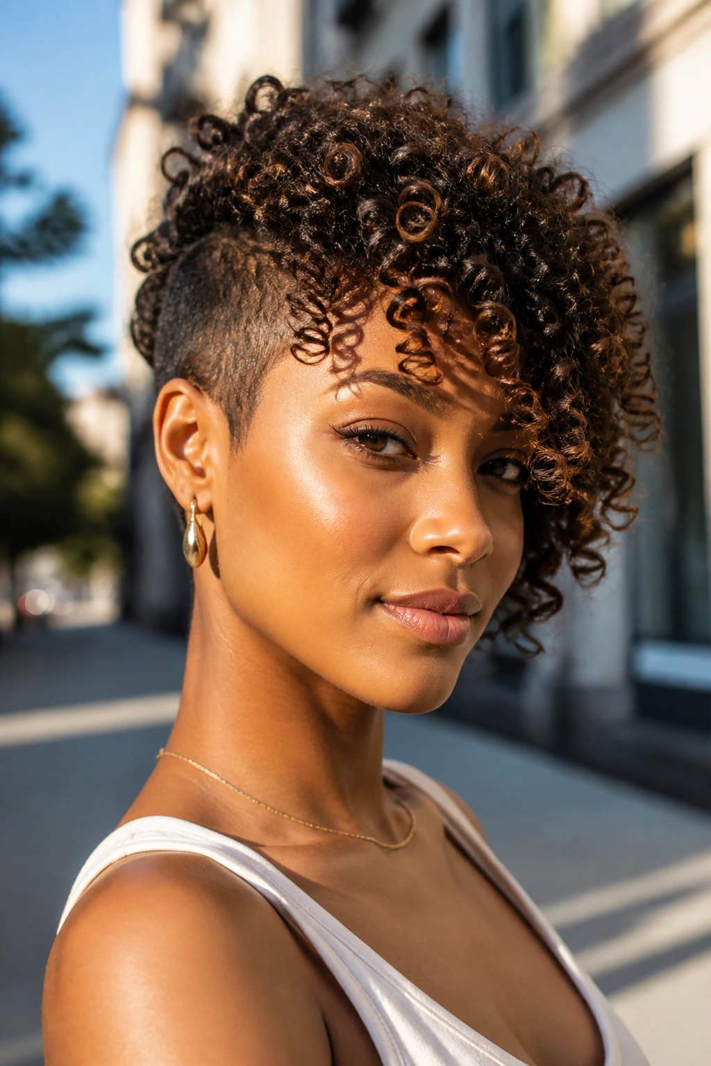 Medium close-up of a real person with an asymmetrical curly crop outdoors.